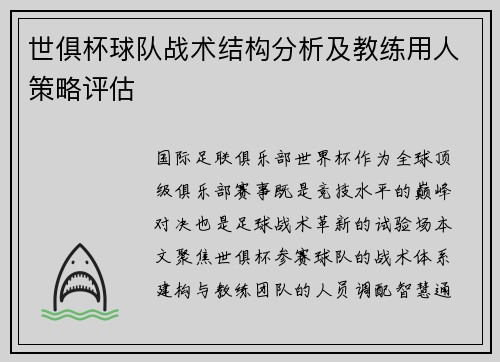 世俱杯球队战术结构分析及教练用人策略评估